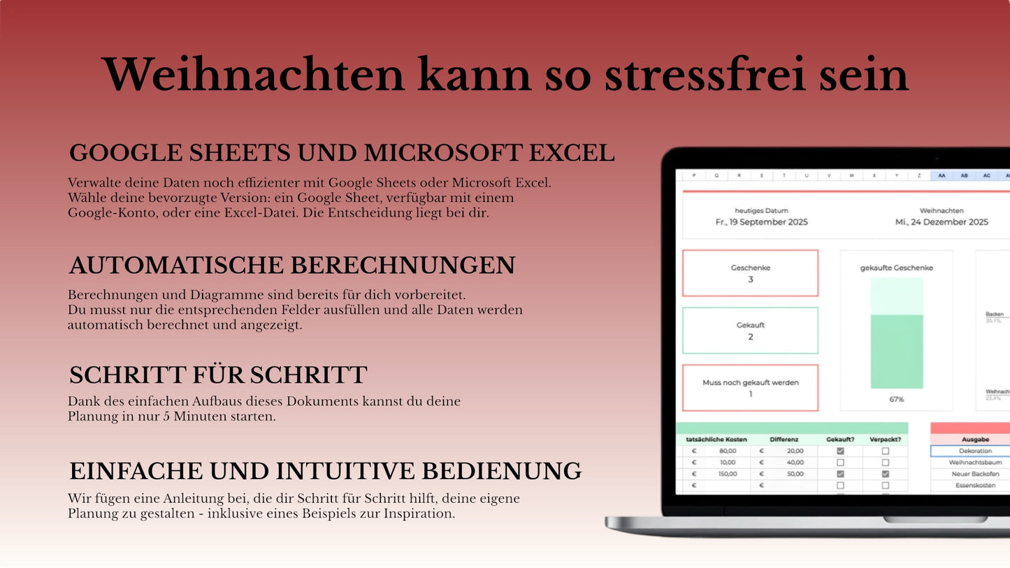 Weihnachtsplaner für Excel & Google Sheets (alle Währungen)